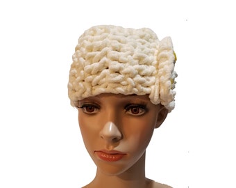White Winter Headwrap w/ yellow buttons, 100% crocheted, gift set for women, Winter fashion