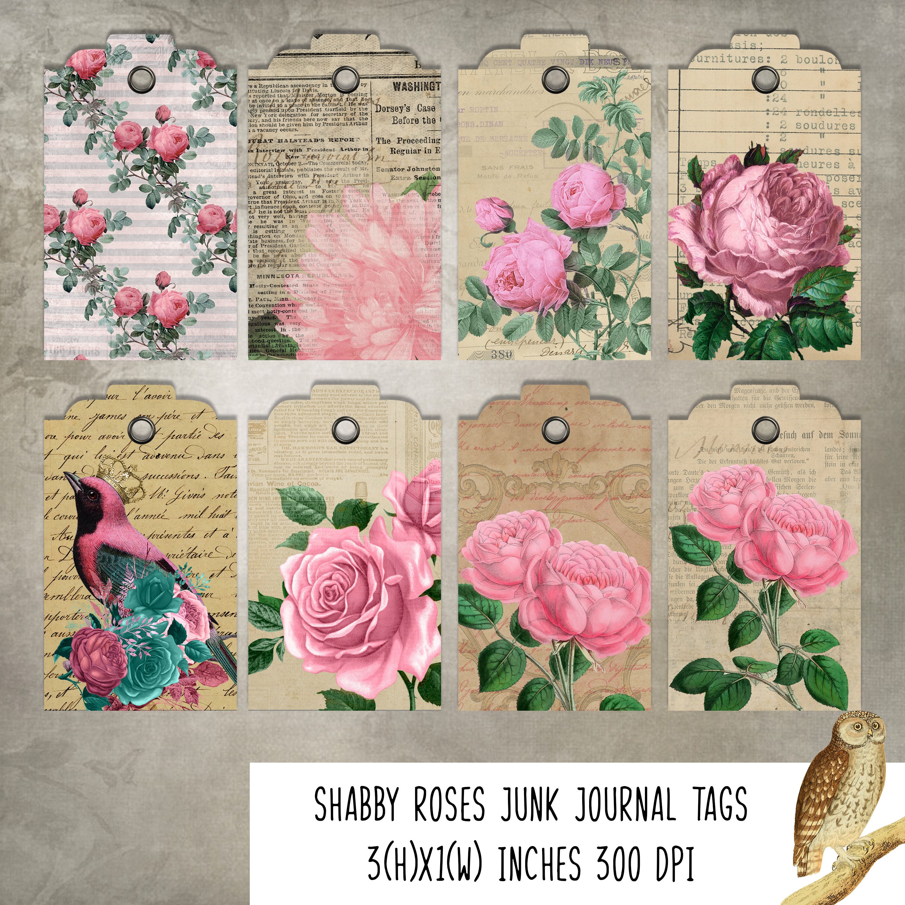 shabby roses junk journal tags vintage labels ephemera scrapbook