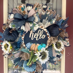 Leopard Print Fall Wreath: Blue Pumpkins & Sunflowers