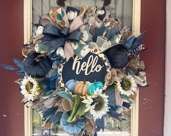 Blue pumpkin wreath, leopard print fall wreath