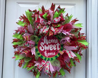 Dom, słodki dom, arbuzowy, letni wianek – ręcznie malowana dekoracja drzwi