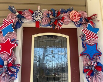 Pre lit Patriotic Garland, summer garland for door, red white and blue patriotic garland