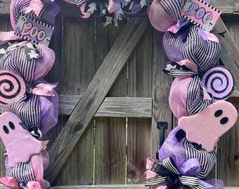 Pastel Halloween garland, pink purple and black ghost porch decor