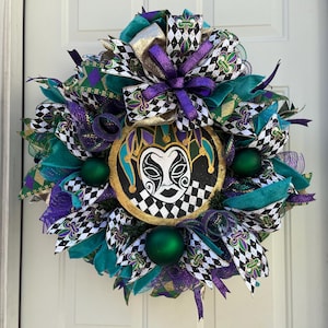 Mardi Gras Wreath: Hand-Painted Jester Mask, Harlequin Ribbons