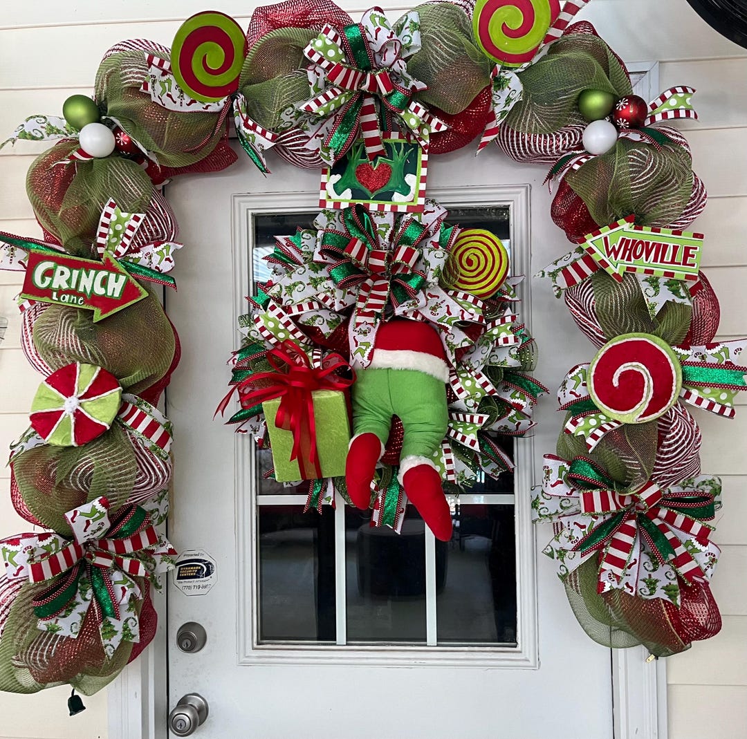 Christmas Wreath and Garland Set With Lights, Green Monster, Grinch ...