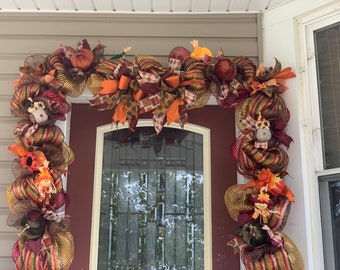 Fall garland with lights, pumpkins and sunflower door swag, autumn mantle decor