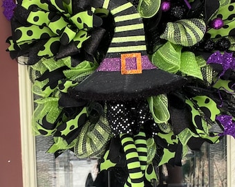 Halloween wreath/ lime green and black Halloween witch wreath