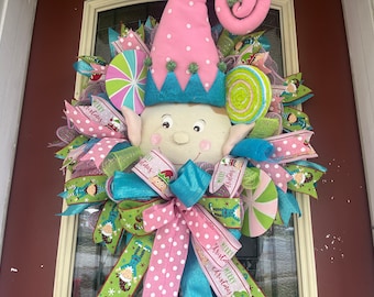 Pink Christmas candy elf wreath, whimsical Christmas wreath