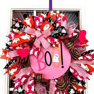 Pink, Orange and Black Halloween ghost wreath, Pink boo door hanger for Halloween