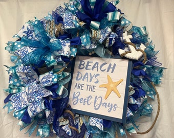 Beach wreath, large blue beach wreath for summer