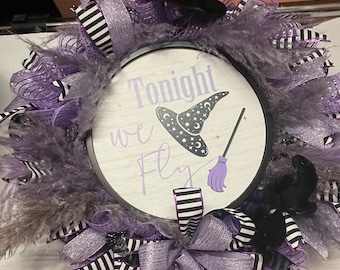 Purple and black  halloween wreath, purple witch wreath