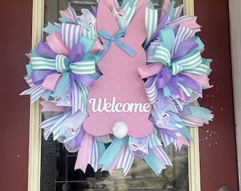 Easter bunny wreath, pastel wreath for Easter, pink bunny welcome wreath