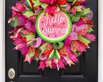 Summer Wreath for front door, Watermelon Wreath,  Hello Summer front door wreath