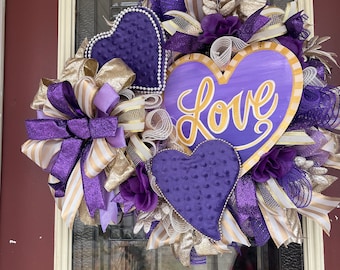 Valentine’s Day Wreath, Easter wreath, every day wreath  for door, purple and gold wreath