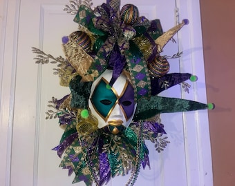 Mardi Gras door swag , Mardi Gras wreath, Mardi Gras jester swag