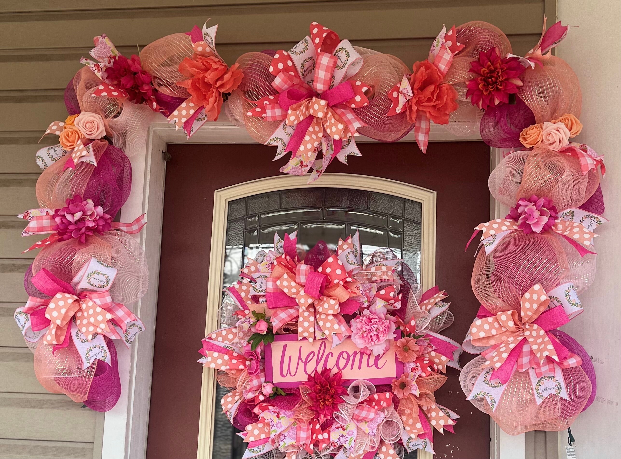 pink-welcome-wreath-garland-set-spring-floral-door-decor-etsy