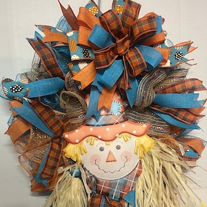 Corona de otoño caprichosa con espantapájaros amigable, corona para otoño, corona de puerta de otoño, corona de espantapájaros de otoño