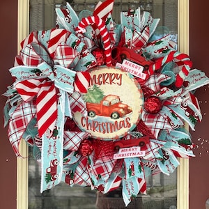 Vintage Red Truck Christmas Wreath: Handmade Candy Cane Decor