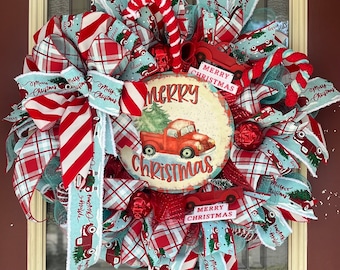 Christmas wreath, vintage red truck wreath for Christmas, red and aqua blue Christmas wreath