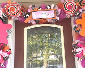 Halloween garland with lights, pink and orange ghost garland