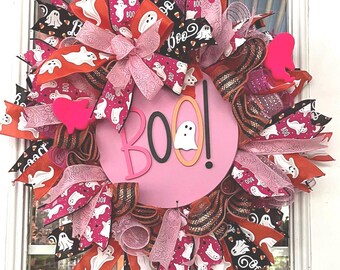 Pink Halloween wreath , front door Halloween
