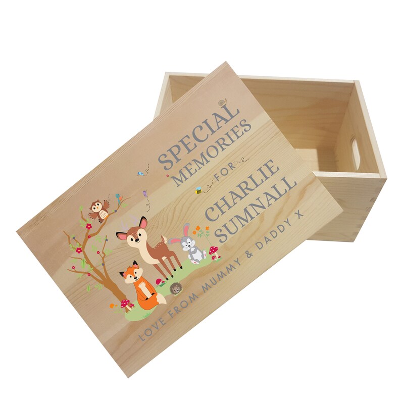 1st Birthday Christening Gift Child Memory Box Photo Storage Box Woodland Animals Design Personalised Memory Box New Baby Gift