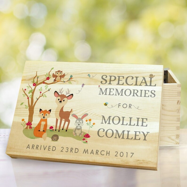 1st Birthday Christening Gift Child Memory Box Photo Storage Box Woodland Animals Design Personalised Memory Box New Baby Gift