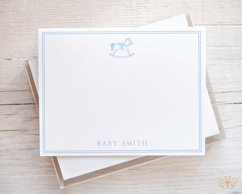 Blue Baby Shower Thank You Cards, Personalized Baby Notecards, Vintage Newborn Note Cards, Baby Boy Stationery, Baby Stationary Set image 1