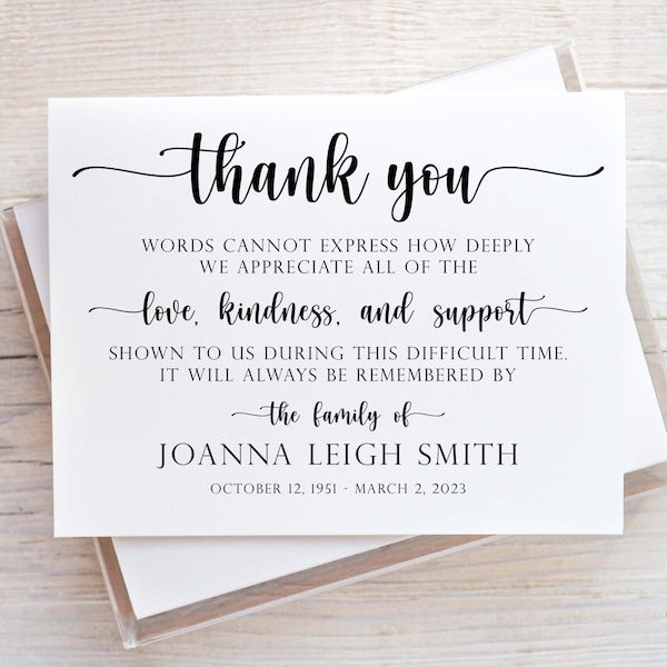 Personalized Funeral Thank You Cards, Sympathy Acknowledgement Cards, Bereavement Stationery