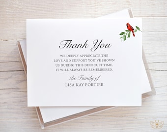 Personalized Funeral Thank You Card, Cardinal Funeral Stationery, Memorial Stationary, Condolence Thank You Card, Bereavement Thank You Card