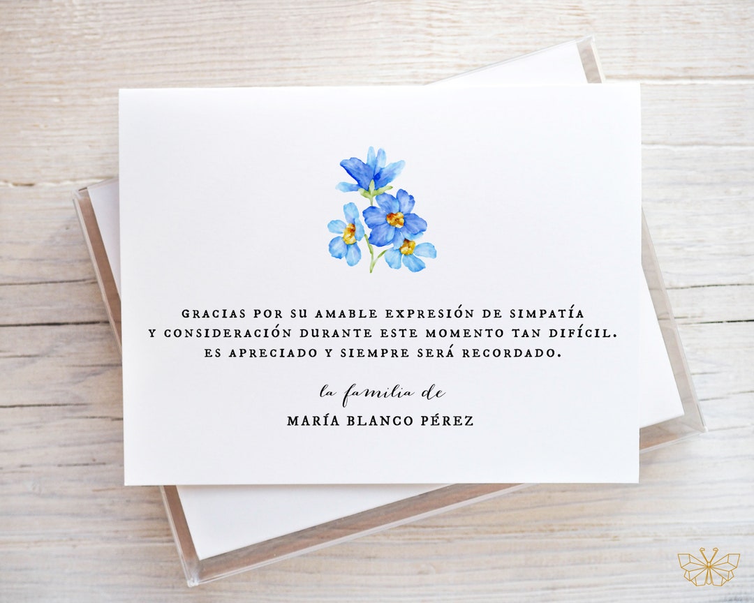 Personalized Spanish Funeral Thank You Cards, Sympathy Acknowledgement
