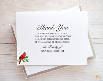 Personalized Funeral Thank You Card, Cardinal Funeral Stationery, Memorial Stationary, Condolence Thank You Card, Bereavement Thank You Card