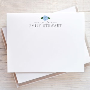 Personalized Watercolor Hydrangea Stationery, Flat Notecard Set, Floral Women Stationery