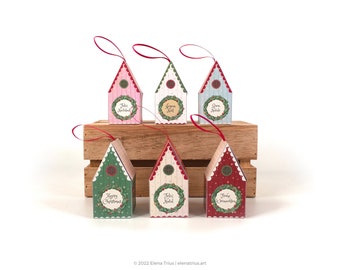 Printable Christmas ornaments: print and assemble these DIY gift boxes and use them as Christmas tree decor (PDF download).