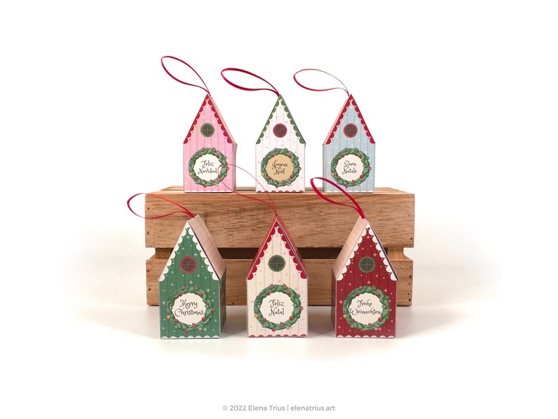 Printable Christmas ornaments: print and assemble these DIY gift boxes and use them as Christmas tree decor PDF download. image 1