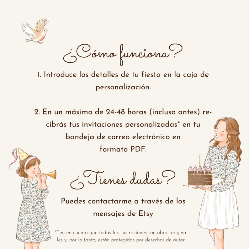 Birthday Invitation in Spanish: a Customizable Invite for your Childrens Party. DIY Printable Card with Original Watercolor Artwork 5x7 image 4