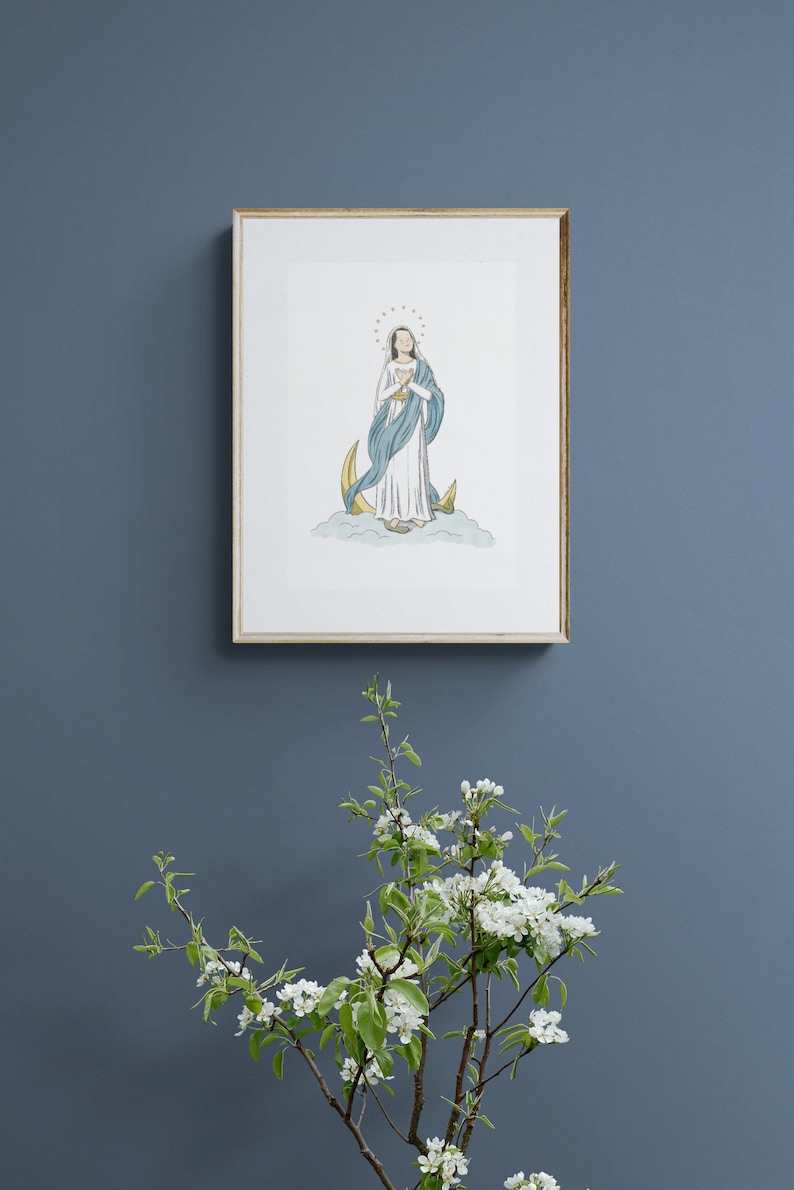 Art mural imprimable Vierge Marie : une illustration catholique pour une chambre d'enfant au format A4, A5 et lettre US image 5