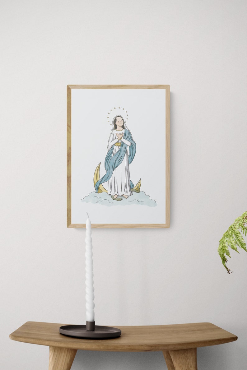 Art mural imprimable Vierge Marie : une illustration catholique pour une chambre d'enfant au format A4, A5 et lettre US image 2