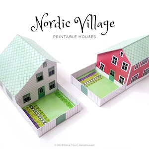 Nordic village paper models: a set of two printable miniature houses PDF download. image 1