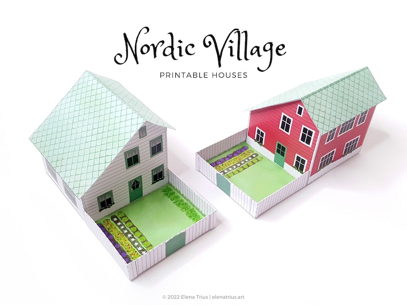 Nordic village paper models: a set of two printable miniature houses PDF download. image 1