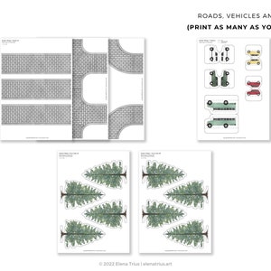 Nordic Village paper models: a set of six printable miniature buildings, cars, trees and road sections PDF download. image 7