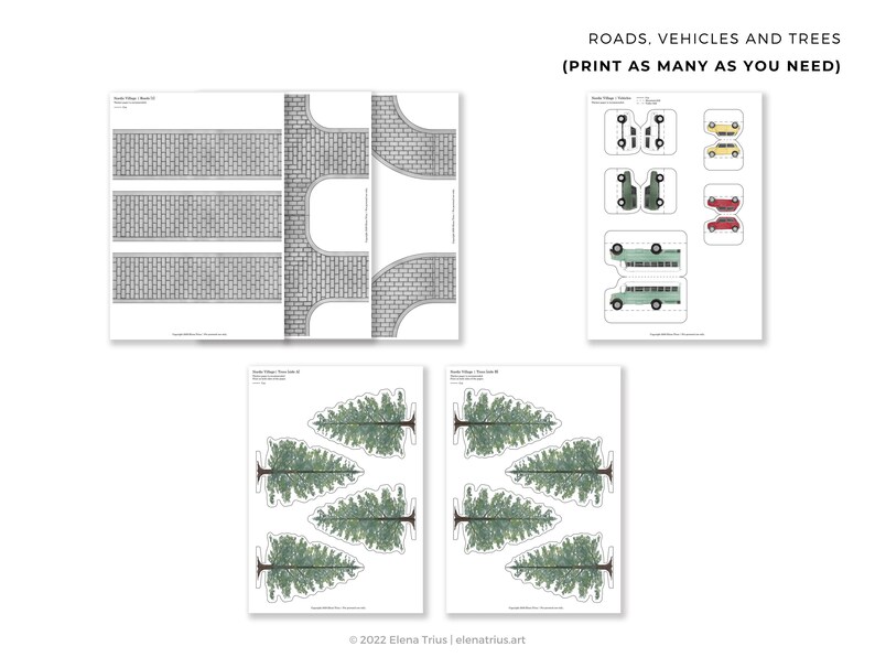 Nordic Village paper models: a set of six printable miniature buildings, cars, trees and road sections PDF download. image 7