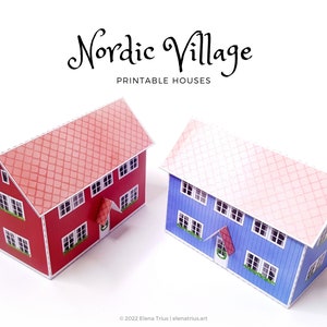 Nordic Village paper models: a set of two printable miniature houses PDF download. imagem 1