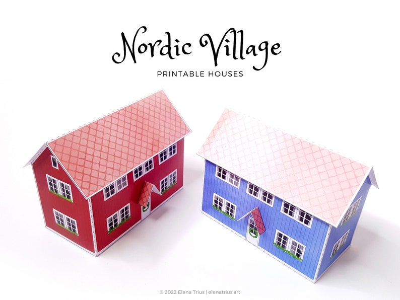 Nordic Village paper models: a set of two printable miniature houses PDF download. image 1