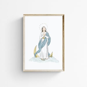 Art mural imprimable Vierge Marie : une illustration catholique pour une chambre d'enfant au format A4, A5 et lettre US image 1