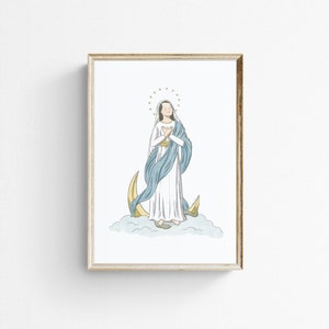Decorazione da parete stampabile della Vergine Maria: un'illustrazione cattolica per la cameretta o la cameretta dei tuoi bambini in formato A4, A5 e US Letter