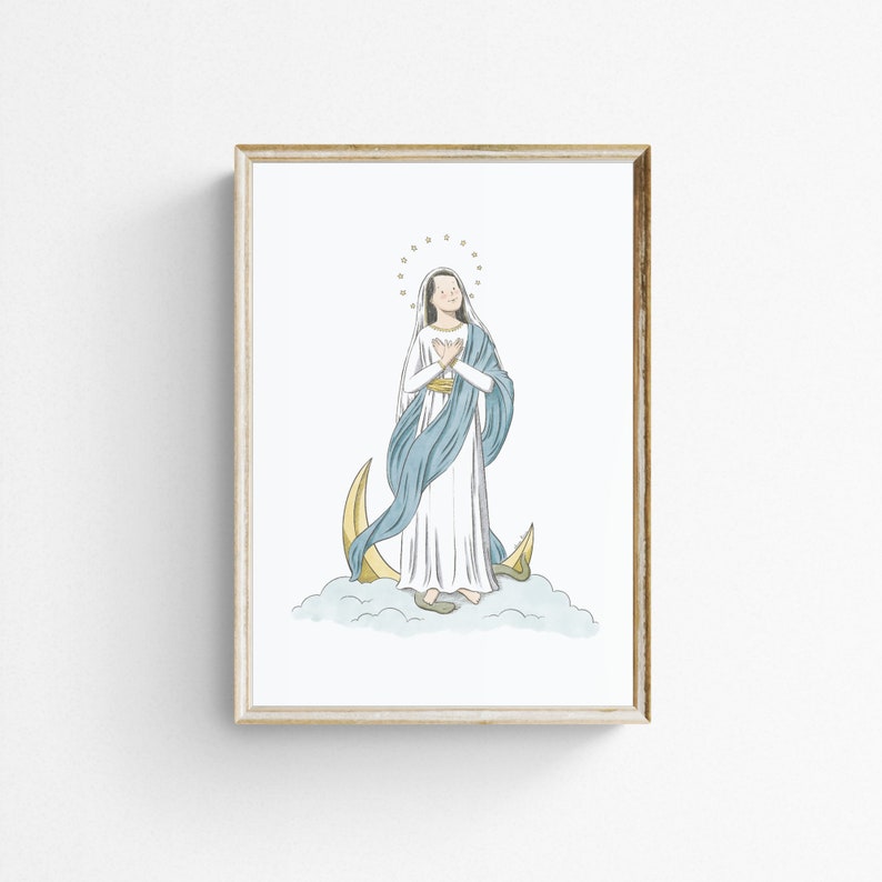 Art mural imprimable Vierge Marie : une illustration catholique pour une chambre d'enfant au format A4, A5 et lettre US image 1