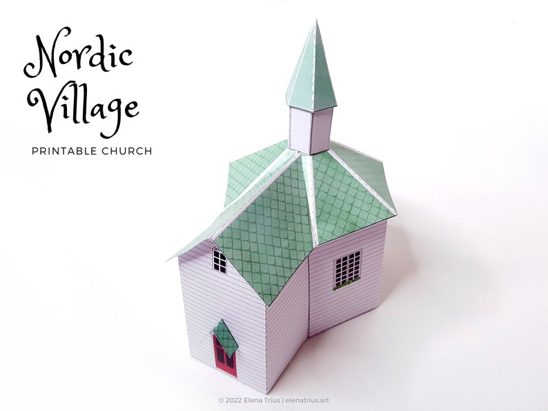 Nordic Village paper model: a printable miniature church PDF download. image 1