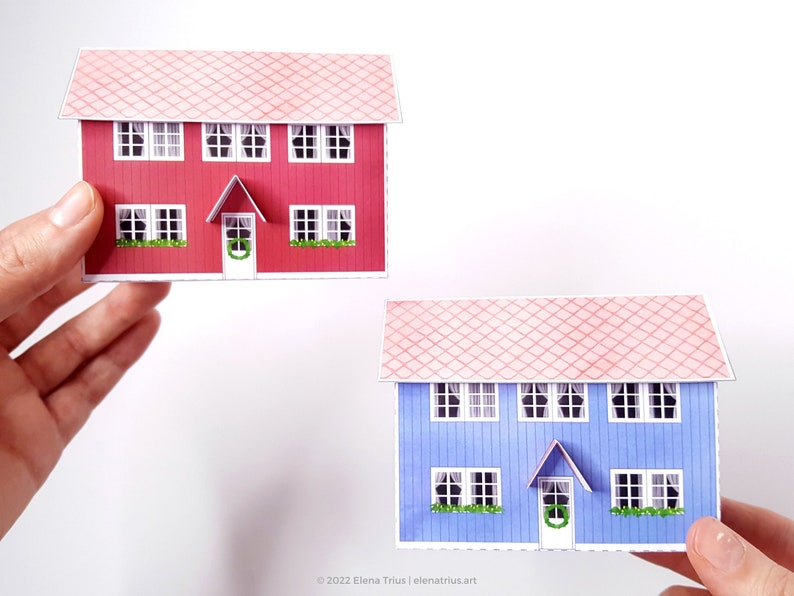 Nordic Village paper models: a set of two printable miniature houses PDF download. imagem 2