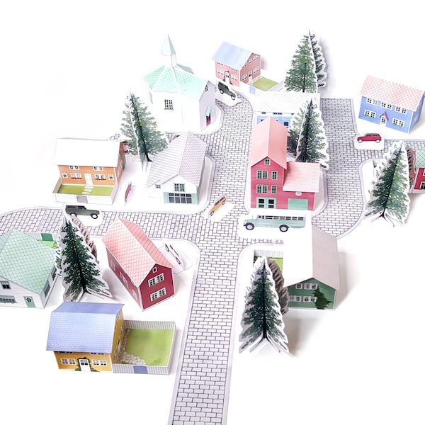 Ensemble de création en papier pour diorama de la ville : un modèle imprimable DIY d'un village miniature pour la décoration de la maison des Fêtes et les projets scolaires des enfants